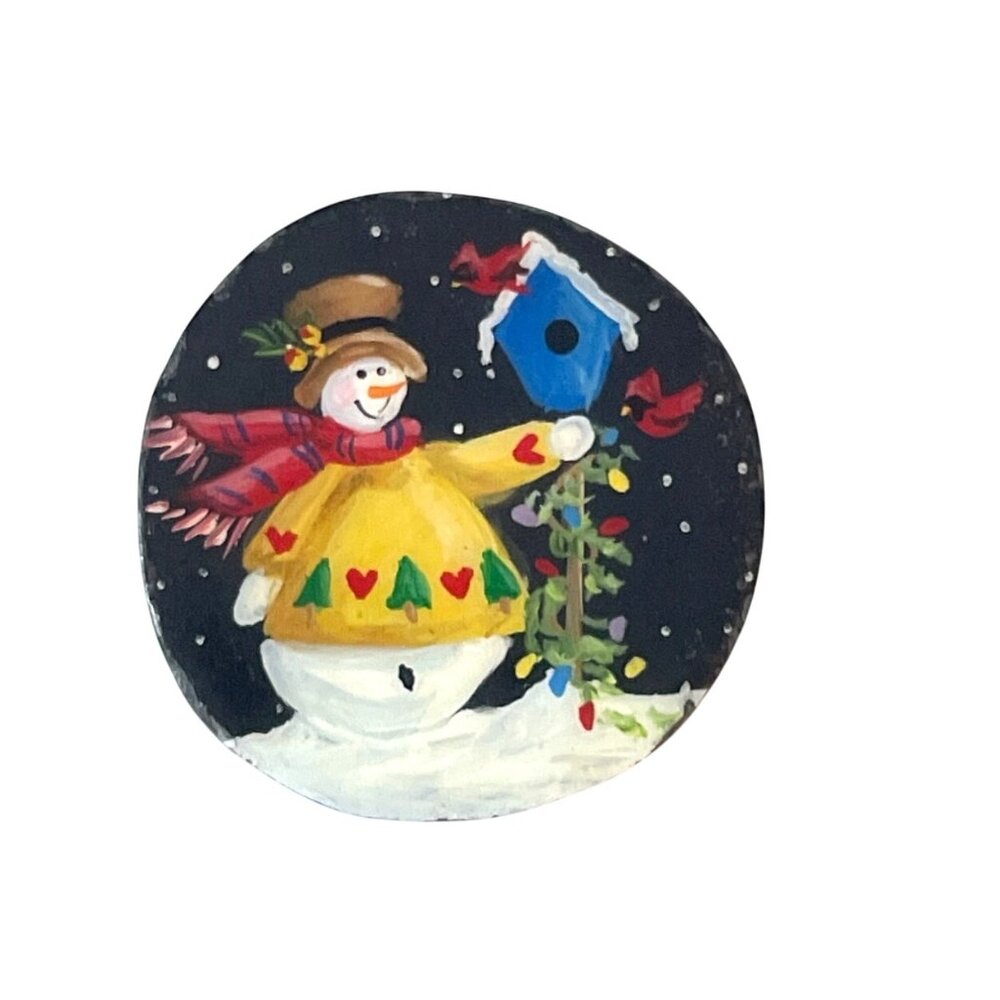 Vintage Hand Painted Snowman & Birdhouse Round Wooden Pin Brooch 1.5" Christmas